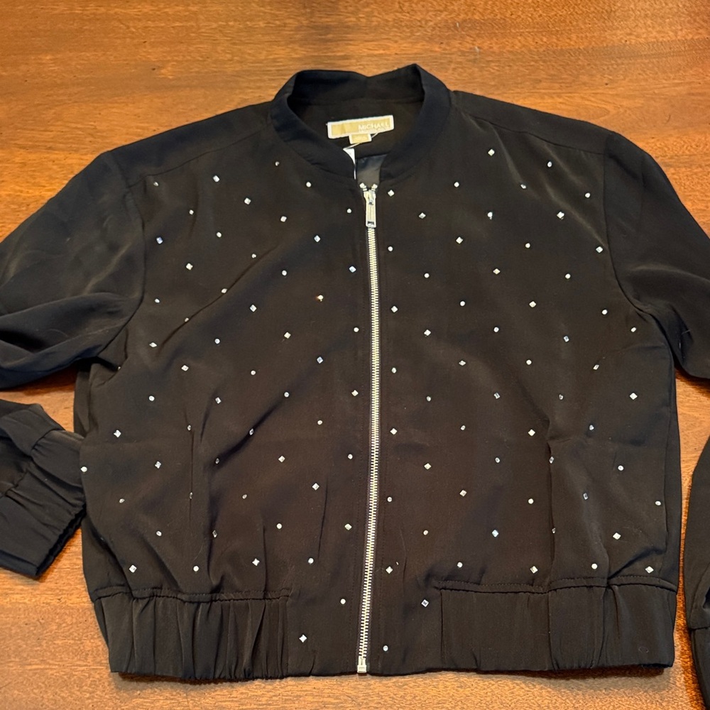 Michael Kors Black Rhinestone Studded Bomber Jacket